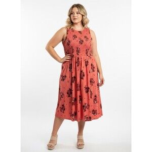 Torrid Coral Black Floral Smocked Sleeveless Midi Dress Scoop Neck Plus Size 2